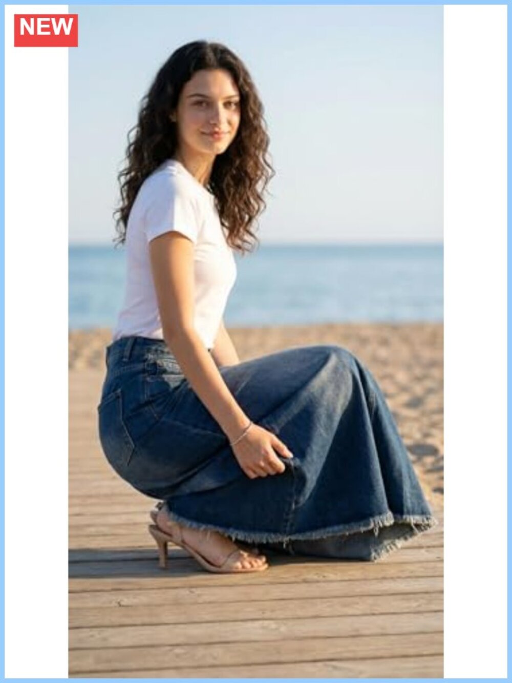 Women's Full Length Denim Skirt High Waisted Frayed Raw Hem Flared A Line Maxi - Picture 2 of 5
